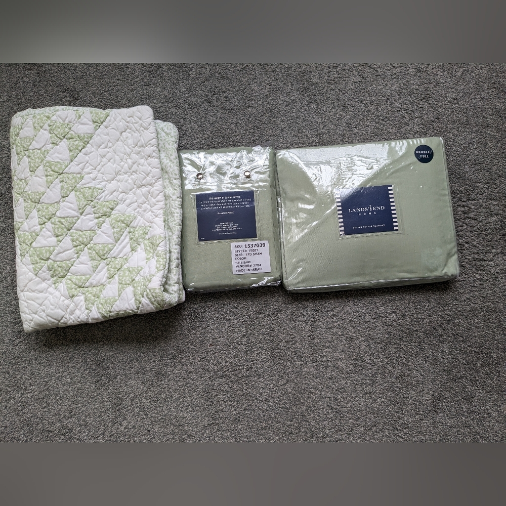 Nwt 3-pc Lands' End sage-- double bedskirt, 2 shams